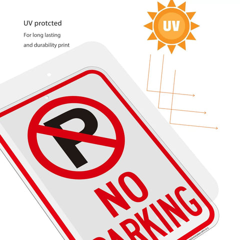 Close-up of 4 Pack 18 By 12 Inch No Parking Signs Made From Reflective Aluminum With Symbol, UV Protected for outdoor durability.