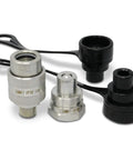 Summit Hydraulics 3/8 in high-pressure quick-coupler set with dust caps; silver metal fittings and black caps