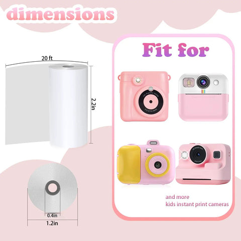 12 Roll Kit For Kids Instant Camera Printer Paper Refill White Thermal Paper For Kids Photo Prints Each Roll 2.2 In By 19.6 Ft Prints 80 Plus Images Per Roll Easy Peasy Refill For Mini Cameras. White thermal paper roll, 2.2in by 20ft, for kids instant print cameras