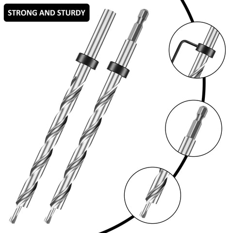 8 Piece 3/8 Inch Pocket Hole Drill Bit Set With Depth Stop Collar And Wrench, showing round and hex shank bits detail.
