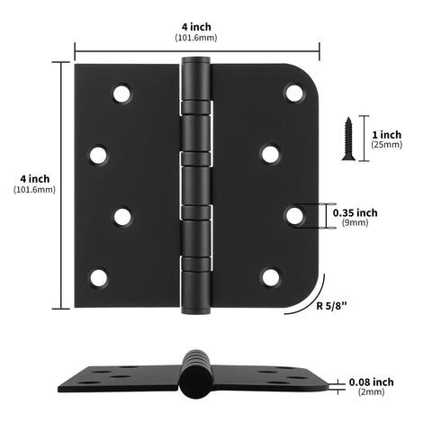 Bombproof Heavy Duty Ball Bearing Door Hinges In Matte Black Finish with 4 inch dimensions and stainless steel hardware for smooth operation.