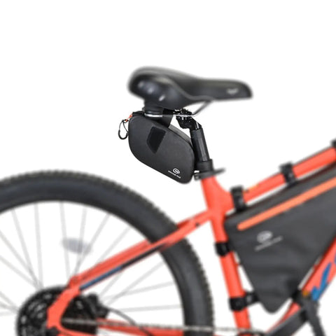 Waterproof Bike Seat Bag With TPU Welded Triangle Frame And YKK Zipper on a red bike, showcasing secure rear attachment.
