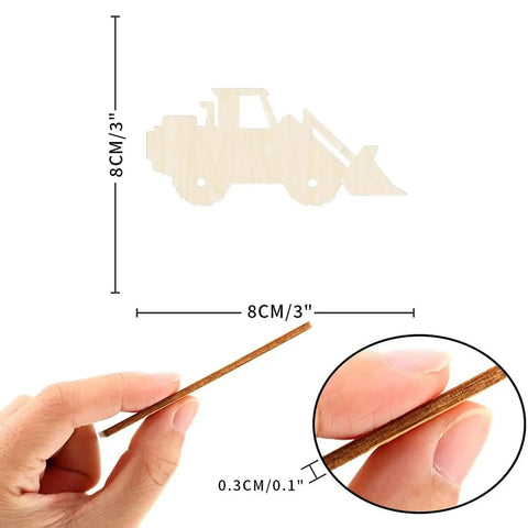 Set Of 3 Unfinished Wooden Cutouts Front End Loader Tractor Art DIY Wood Signs For Farmhouse Wall Decor shown in hand for scale