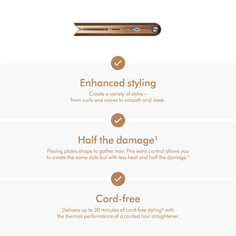 Cordless and corded hair straightener with flexing plates for less heat and damage, showcasing features and benefits.