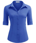 Womens Stretch Button Up Shirt With Three Quarter Sleeves In Classic Blue Solid, featuring turn down collar and button placket.