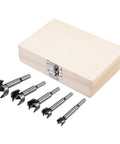 Knockout 5 Piece Forstner Bit Set For Woodworking That Booms With Precision, Multiple Teeth in wooden storage box.