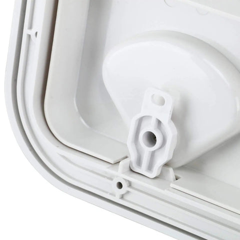Close-up of Rectangular Boat Hatch Cover showing corner detail of the 17-1/4 by 12-3/8 inches ABS, weatherproof, marine storage hatch