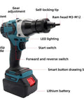Image of Badass Cordless Rivet Gun Kit Handles M3 M12 Blind Nuts with LED lighting and non-slip handle, showcasing features.