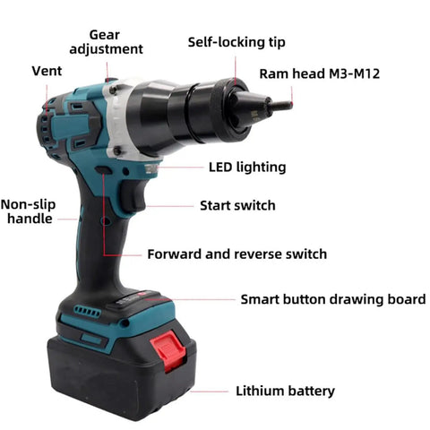 Heavy Duty Workhorse Cordless Rivet Nut Tool With Brushless Motor And Built In Led Light Hassle Free Blind Riveter for M3-M12 fasteners with features.
