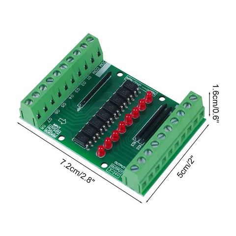 8 Channel Isolation Module For DC 12V 24V Power And Control Signals, PNP NPN Low High Level Output, top view with dimensions