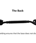 Back view of Heavy Duty 6 Inch Black Door Latch and Gate Latch with firm welded hook and eye for rustic cabins and barns.