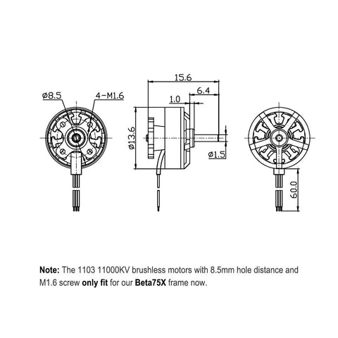 Technical diagram of Four 1103 11000KV Brushless FPV Motors For 2S RC Drones, showing dimensions and motor details.