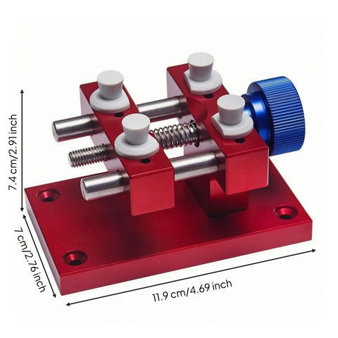 Beefy Aluminum Work Holder With Anodized Red Finish And Knurled Blue Adjustment Knob A Solid Workshop Tool For Securely Holding Parts And Precise Repairs Heavy Duty Aluminum Alloy Build For Everyday Shop Use, red aluminum work holder with blue knob, 11.9 cm base
