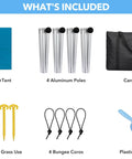 Rock Solid Beach Canopy Tent 10x13 Ft with UPF50+ cover, aluminum poles, carry bag, stakes, bungee cords, and plastic shovel.
