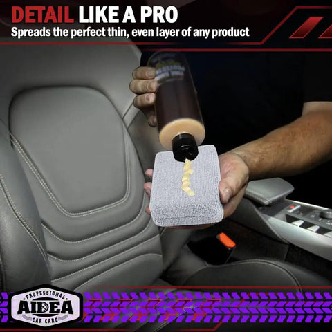 Microfiber Applicator Pad Set 8 Pack For Car Wax Sealant And Polish Application held with wax on gray pad