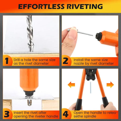 Step-by-step guide for Heavy Duty One Hand Rivet Gun Kit With Fifty Rivets for auto repairs and furniture builds.