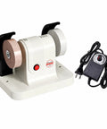 Solid Dual Wheel Bench Grinder And Compact Polishing Rig With Copper Motor Blade Sharpener Tool Honer with dual wheels on white base.