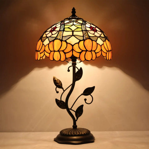 Orange Flower Tiffany Style Stained Glass Table Lamp With Bronze Metal Leaf Base 12 Inch Lampshade 19 Inch Overall Totally Lit Desk Bedside Reading Light For Bedroom Living Room Decor, featuring floral stained glass design and decorative leaves on the metal stem.