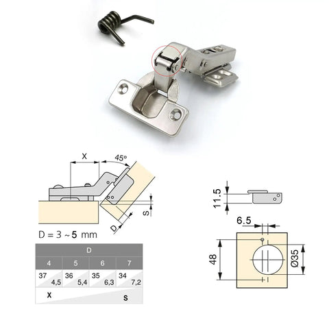 Heavy Duty 45 Degree Cabinet Hinge With Smooth As Butter Hydraulic Soft Close 35Mm Cup For Corner Overlay Doors Zero Slam Quick Clip Setup Pack Of 4 Hardware Pieces with dimensions and spring shown.