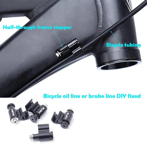 4 Piece Bicycle Brake Cable Guides Aluminum And Stainless Steel Black Durable Set attached to bicycle frame