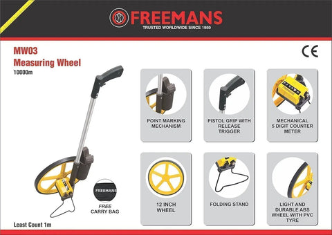 Heavy Duty Yellow And Black Rolling Measuring Wheel With Pistol Trigger And Mechanical Counter Tallies Up To Ten Thousand Meters for accurate land surveying.