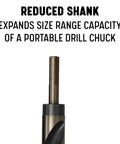 Close-up of Reduced Shank drill bit enhancing size range for portable drill chuck, part of Badass 33 Piece Heavy Duty High Speed Steel Reduced Shank Drill Bit Set.