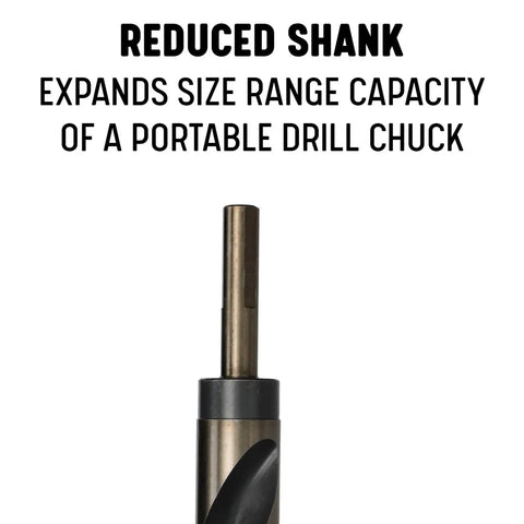 Close-up of Reduced Shank drill bit enhancing size range for portable drill chuck, part of Badass 33 Piece Heavy Duty High Speed Steel Reduced Shank Drill Bit Set.