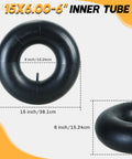 Two Pack 15x6.00-6 Inner Tubes With TR-13 Valve Stem For Lawn Mowers Go Karts ATVs Yard Tractors Wheelbarrows And Golf Carts Tough As Nails Replacement Tubes For Rugged Outdoor Work displayed with measurements of 15-inch diameter and 6-inch width