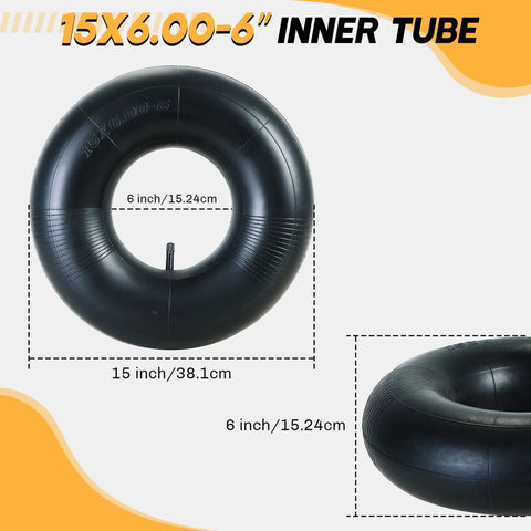 Two Pack 15x6.00-6 Inner Tubes With TR-13 Valve Stem For Lawn Mowers Go Karts ATVs Yard Tractors Wheelbarrows And Golf Carts Tough As Nails Replacement Tubes For Rugged Outdoor Work displayed with measurements of 15-inch diameter and 6-inch width