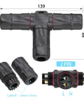 Heavy Duty M23 Three Way T Shape Junction Box With Tank Ready IP68 Waterproof Seal, Pro Grade Outdoor Electrical Wire Splitter, 500 Volt 35 Amp, Straight Fit Setup For Cables Seven To Fifteen Millimeters Wide product image showing connectors and dimensions.