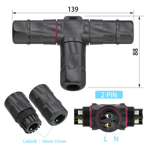 Heavy Duty M23 Three Way T Shape Junction Box With Tank Ready IP68 Waterproof Seal, Pro Grade Outdoor Electrical Wire Splitter, 500 Volt 35 Amp, Straight Fit Setup For Cables Seven To Fifteen Millimeters Wide product image showing connectors and dimensions.