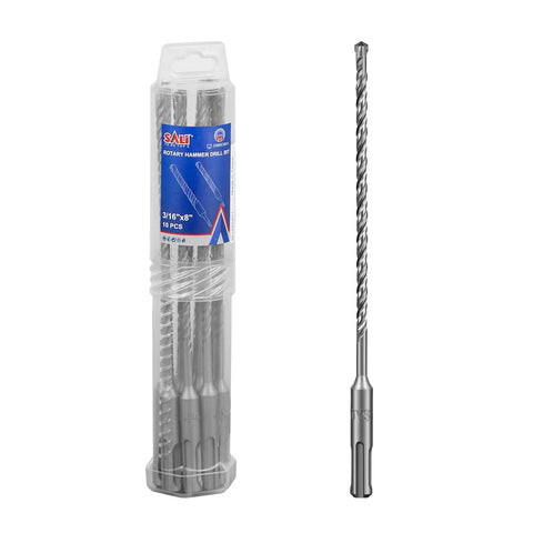 SDS Plus Rotary Hammer Drill Bit Set, Ten Piece Three Sixteenth By Eight Inch Masonry Bits With Carbide Tips, Cross Type Double Thread