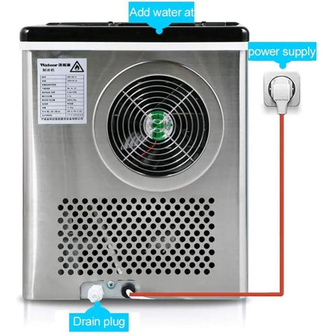 No Drama Portable Automatic Countertop Ice Maker Churning Fifty Five Pounds Of Snappy Cubes Daily Sleek Stainless Shell back view with water and power supply.