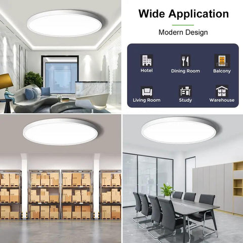 Ultra Slim 24 Inch LED Flush Mount Ceiling Light, 5600LM, 5000K Daylight White shown in various room applications
