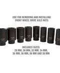 Impact Axle Nut Socket Set 1/2 Inch Drive, 6 Point, 8-Piece Metric Sockets 29mm To 39mm With Storage Case displayed in a row