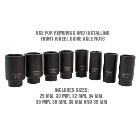 Impact Axle Nut Socket Set 1/2 Inch Drive, 6 Point, 8-Piece Metric Sockets 29mm To 39mm With Storage Case displayed in a row