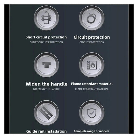 Heavy Duty Dual Protection Circuit Breaker With Integrated Overload And Short Circuit Safety Switch For Home And Workshop Panels features icons for safety and installation.