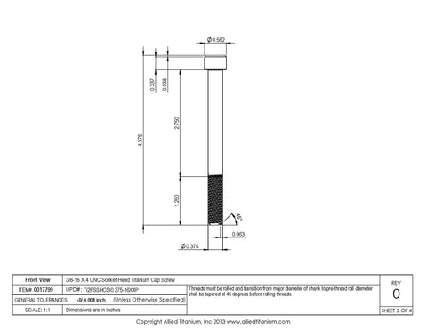Pro Grade 2 Titanium Socket Head Cap Screws Three Eighths Sixteen By Four Inch Unc Threaded Fasteners detailed technical drawing.