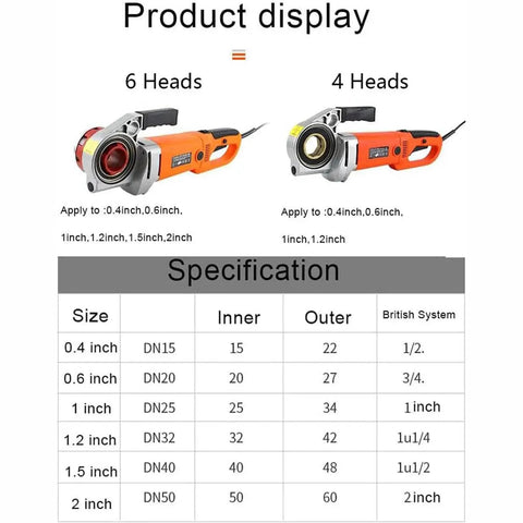 Heavy Duty Electric Pipe Threader Machine With 2300W All Copper Motor Includes Six Professional Die Heads for pipe threading specifications and models.