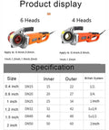 Image of Rock Solid Handheld Electric Pipe Threader 2300W showing 6 and 4 heads with specifications for pipe sizes.