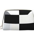 Hella Cool Black And White Piano Plate Grid Print Portable Makeup Bag For Women Offering Tough Waterproof PVC Finish Travel Toiletry Organizer And Brush Holder.