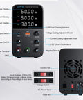 Front and back view of Variable Bench Power Supply With Switch And Alarm, 60V 5A, LED Display, USB Quick Charge, showing controls and ports.