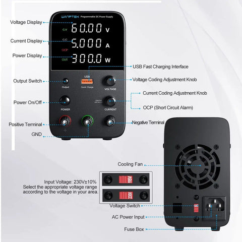 Front and back view of Variable Bench Power Supply With Switch And Alarm, 60V 5A, LED Display, USB Quick Charge, showing controls and ports.