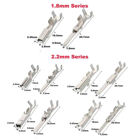 260Pcs Terminal Pins And 240Pcs Wire Seals Automotive Harness Kit 1.8mm and 2.2mm series terminal pins displayed with measurements