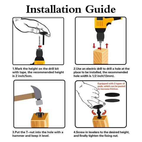 Installation guide for 50mm Diameter Adjustable Leveling Feet Heavy Duty Levelers For Furniture Tables And Chairs, step-by-step.