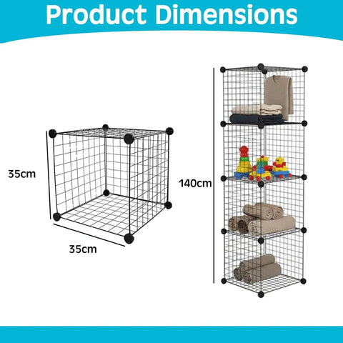 Product dimensions of Wire Cube Storage Organizer Set Of 4, stackable metal cubes showcasing height and depth for modular use.