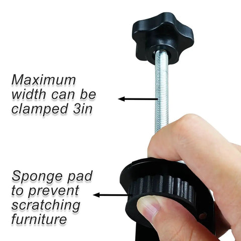 Close-up of Four Piece Adjustable Patio Furniture Clip showing sponge pad and adjustment knob, clamps up to 3 inches wide.