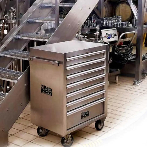 Rock Solid Stainless Steel Mobile Roller Cabinet With Seven Drawers Shop Tool Storage Workbench in industrial setting.