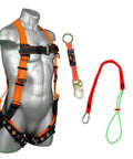 Full Body Safety Harness 3 Piece Fall Protection Kit With Tongue Buckle Legs 18 Inch D Ring Extender Retractable Tool Lanyard OSHA ANSI Compliant Durable shown with harness on mannequin and accessories