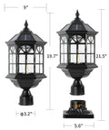 Two sizes of Solar Post Light Fixture for Outdoor Gardens and Patios with Vintage Die Cast Aluminum in Oil Rubbed Black and Clear Glass.